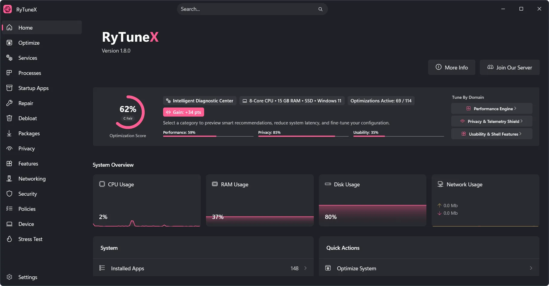 RyTuneX application preview showing the optimization dashboard