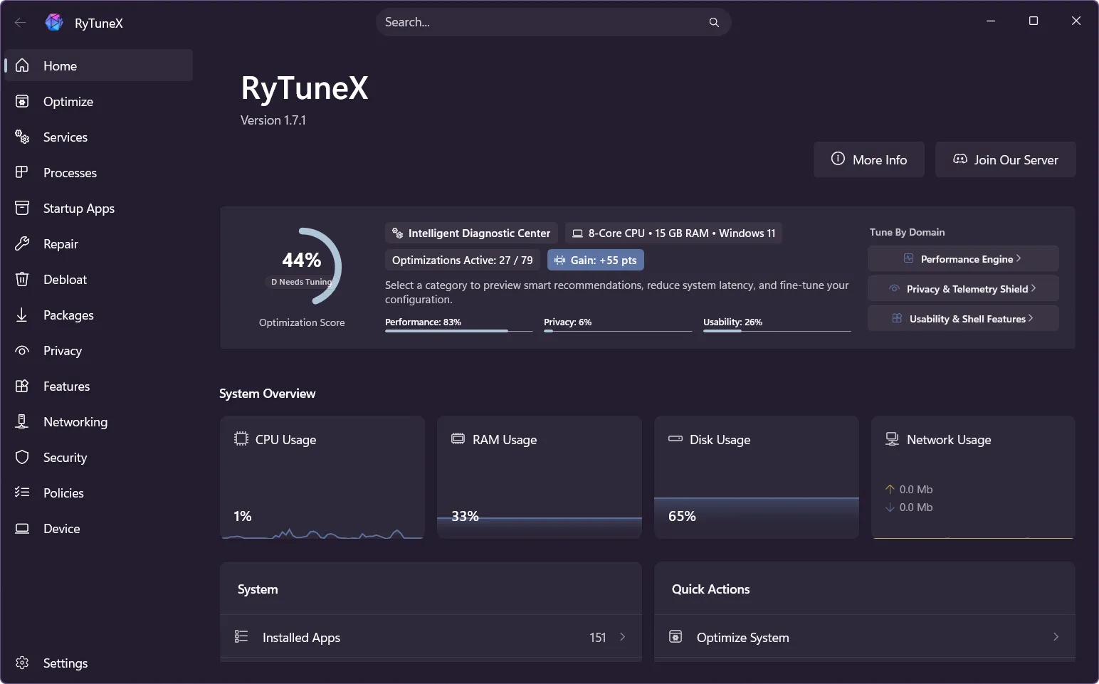 RyTuneX application preview showing the optimization dashboard